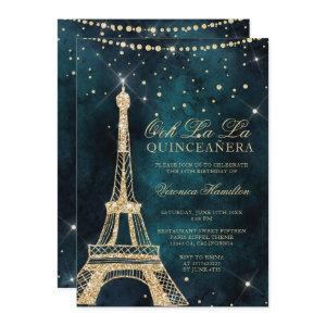 Eiffel tower teal gold glitter sparkle quinceanera