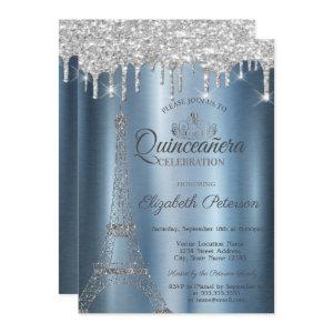 Eiffel Tower,Tiara,Drips Blue Metallic Quinceañera