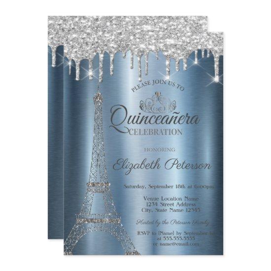 Eiffel Tower,Tiara,Drips Blue Metallic Quinceañera