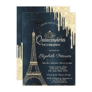 Eiffel Tower,Tiara,Drips Dark Blue Quinceañera