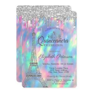 Eiffel Tower,Tiara,Drips Holographic Quinceañera