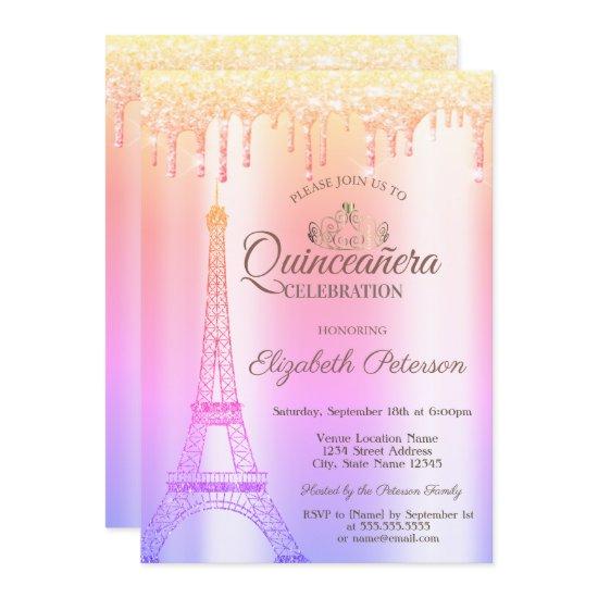 Eiffel Tower,Tiara,Drips Ombre Quinceañera