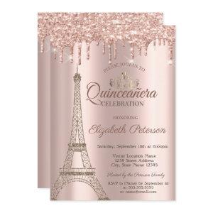 Eiffel Tower,Tiara,Drips Rose Gold Quinceañera Inv