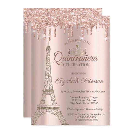 Eiffel Tower,Tiara,Drips Rose Gold Quinceañera Inv