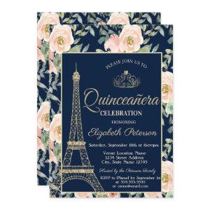 Eiffel Tower,Tiara,Roses Navy Blue Quinceañera
