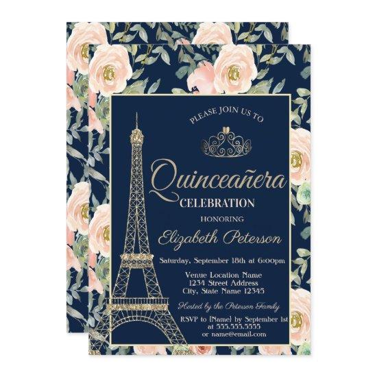 Eiffel Tower,Tiara,Roses Navy Blue Quinceañera