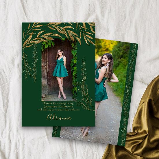 Elegant 2 Photo Emerald Green and Gold Leaf Thank You Card
