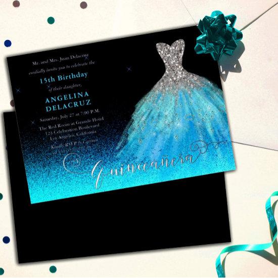 Elegant Aqua Spanish Gown Quinceañera - Silver Foil