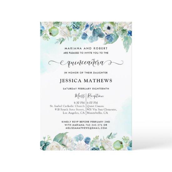 Elegant Aqua Teal Quinceañera Watercolor Floral In