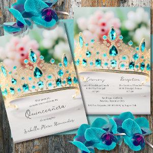 Elegant Aquamarine And Golden Tiara Quinceañera