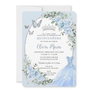 Elegant Baby Blue Floral Dress Silver Quinceañera