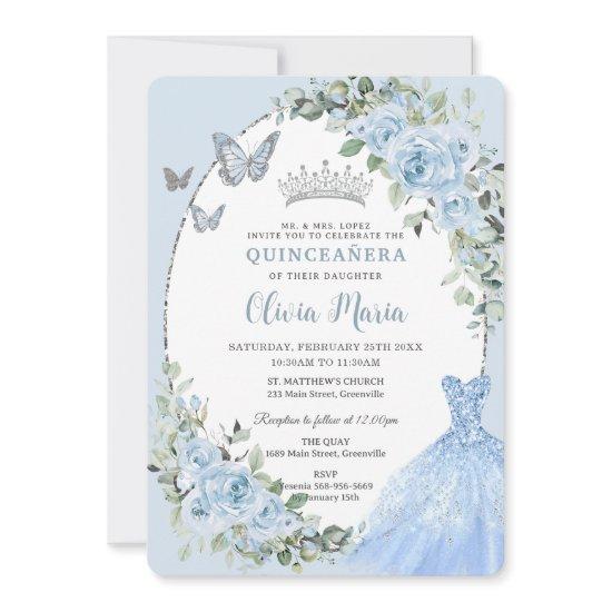 Elegant Baby Blue Floral Dress Silver Quinceañera