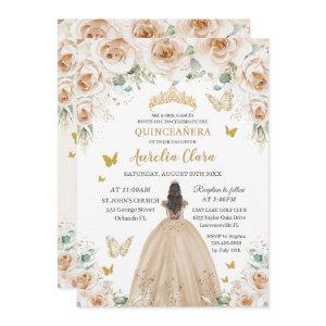 Elegant Beige Cream Floral Gold Quinceañera 16th