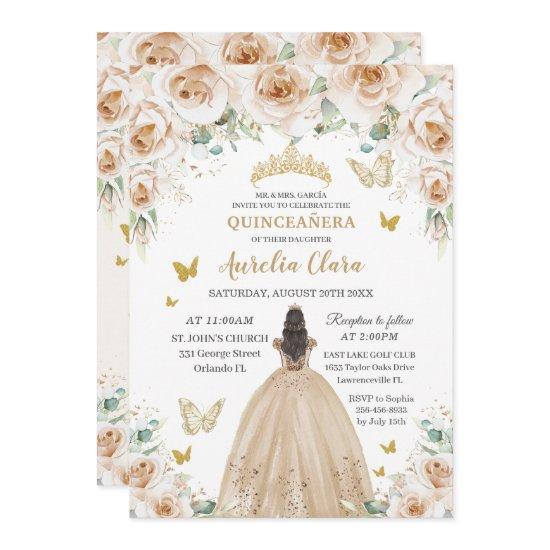 Elegant Beige Cream Floral Gold Quinceañera 16th