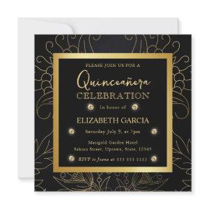 Elegant Black and Gold Botanical Quinceanera