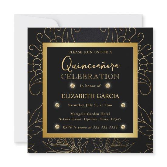 Elegant Black and Gold Botanical Quinceanera