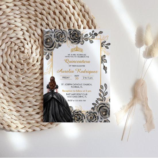 Elegant Black and Gold Floral Quinceanera