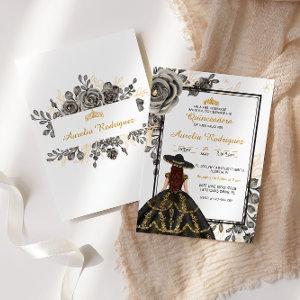 Elegant Black and Gold Floral Quinceanera