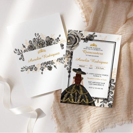 Elegant Black and Gold Floral Quinceanera
