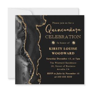 Elegant Black and Gold Glitter Agate Quinceanera