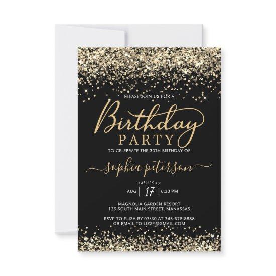 Elegant Black and Gold Glitter Any Age Birthday