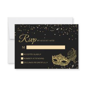 Elegant Black and Gold Glitter Masquerade RSVP Card