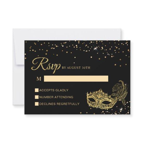 Elegant Black and Gold Glitter Masquerade RSVP Card