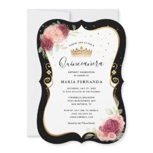 Elegant Black and Gold Pink Floral Quinceanera