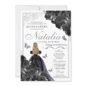 Elegant Black and Silver Floral Quinceanera Invita