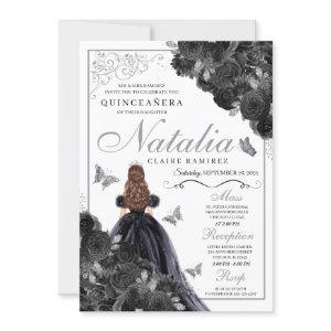 Elegant Black and Silver Floral Quinceanera Invita