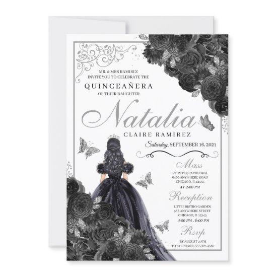 Elegant Black and Silver Floral Quinceanera