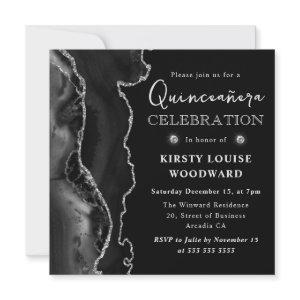 Elegant Black and Silver Glitter Agate Quinceanera