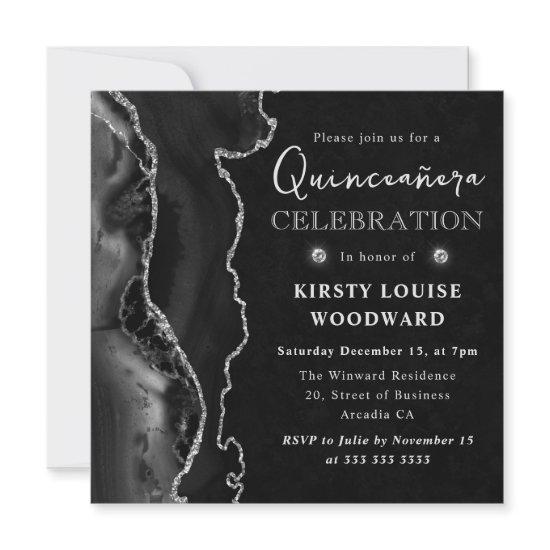 Elegant Black and Silver Glitter Agate Quinceanera