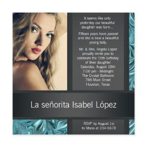 Elegant Black and Teal Blue Photo Quinceanera
