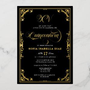 Elegant Black Border Quinceañera Gold or Silver Foil