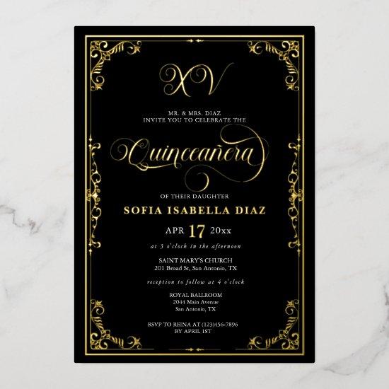Elegant Black Border Quinceañera Gold or Silver Foil