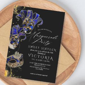 Elegant Black Gold Blue Masquerade 16th Birthday