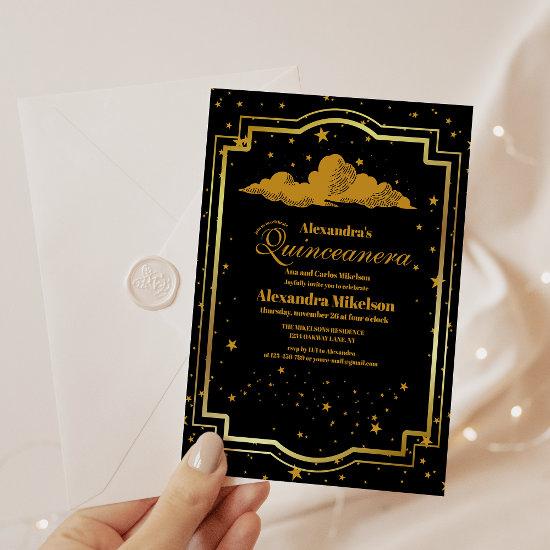 Elegant Black Gold Celestial Quinceanera