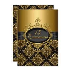 Elegant Black Gold Damask Quinceanera Invite