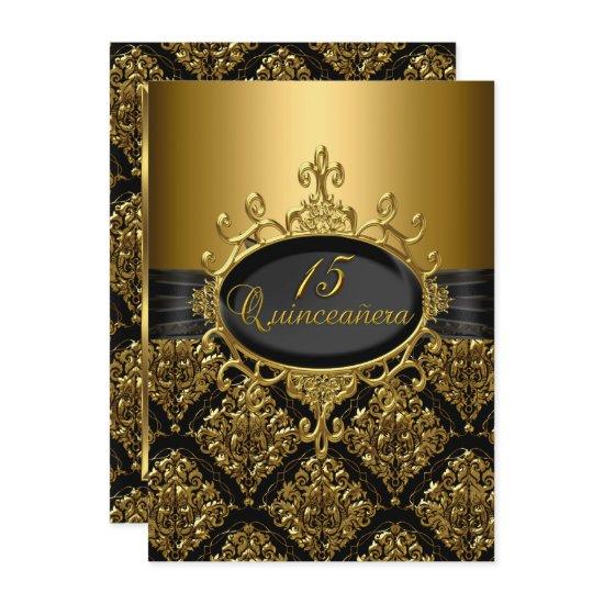 Elegant Black Gold Damask Quinceanera Invite