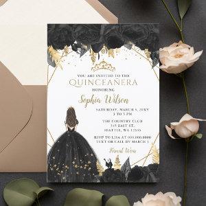 Elegant Black Gold Floral Princess Quinceañera Inv