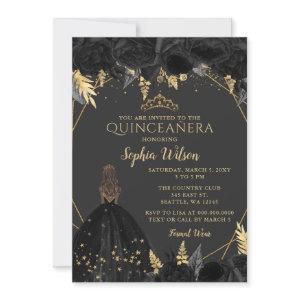 Elegant Black Gold Floral Princess Quinceañera