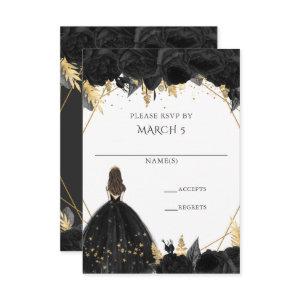Elegant Black Gold Floral Princess Quinceanera RSVP Card