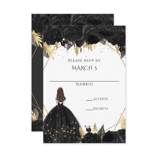 Elegant Black Gold Floral Princess Quinceanera RSVP Card
