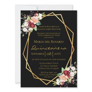 Elegant Black Gold Geometric Floral Quinceañera