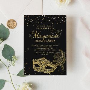 Elegant Black Gold Glitter Masquerade Quinceañera