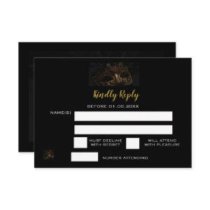 Elegant Black Gold Masquerade Sweet 16th Birthday  RSVP Card