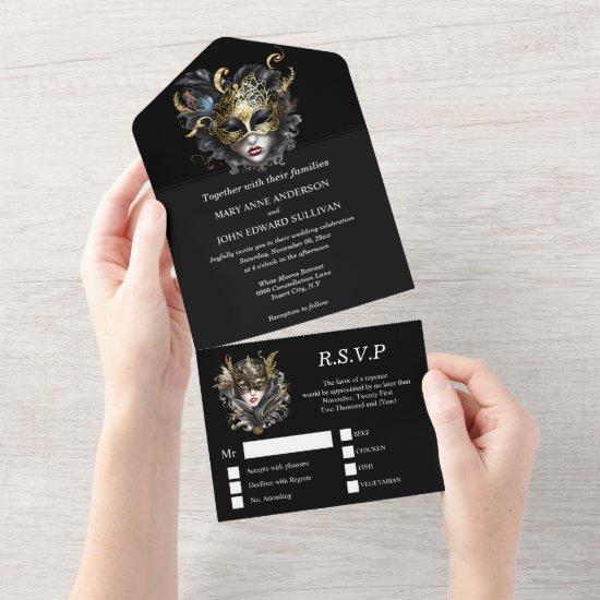 Elegant black gold masquerade theme face masks all in one