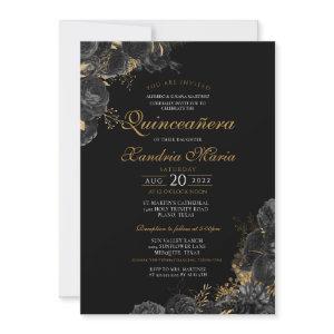 Elegant Black Gold Rose Floral Quinceanera