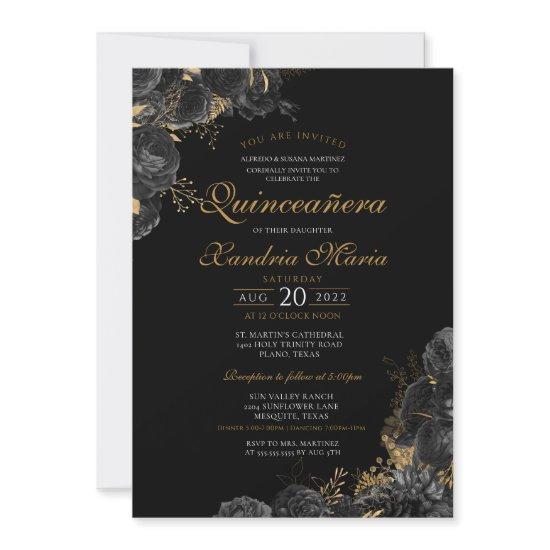 Elegant Black Gold Rose Floral Quinceanera